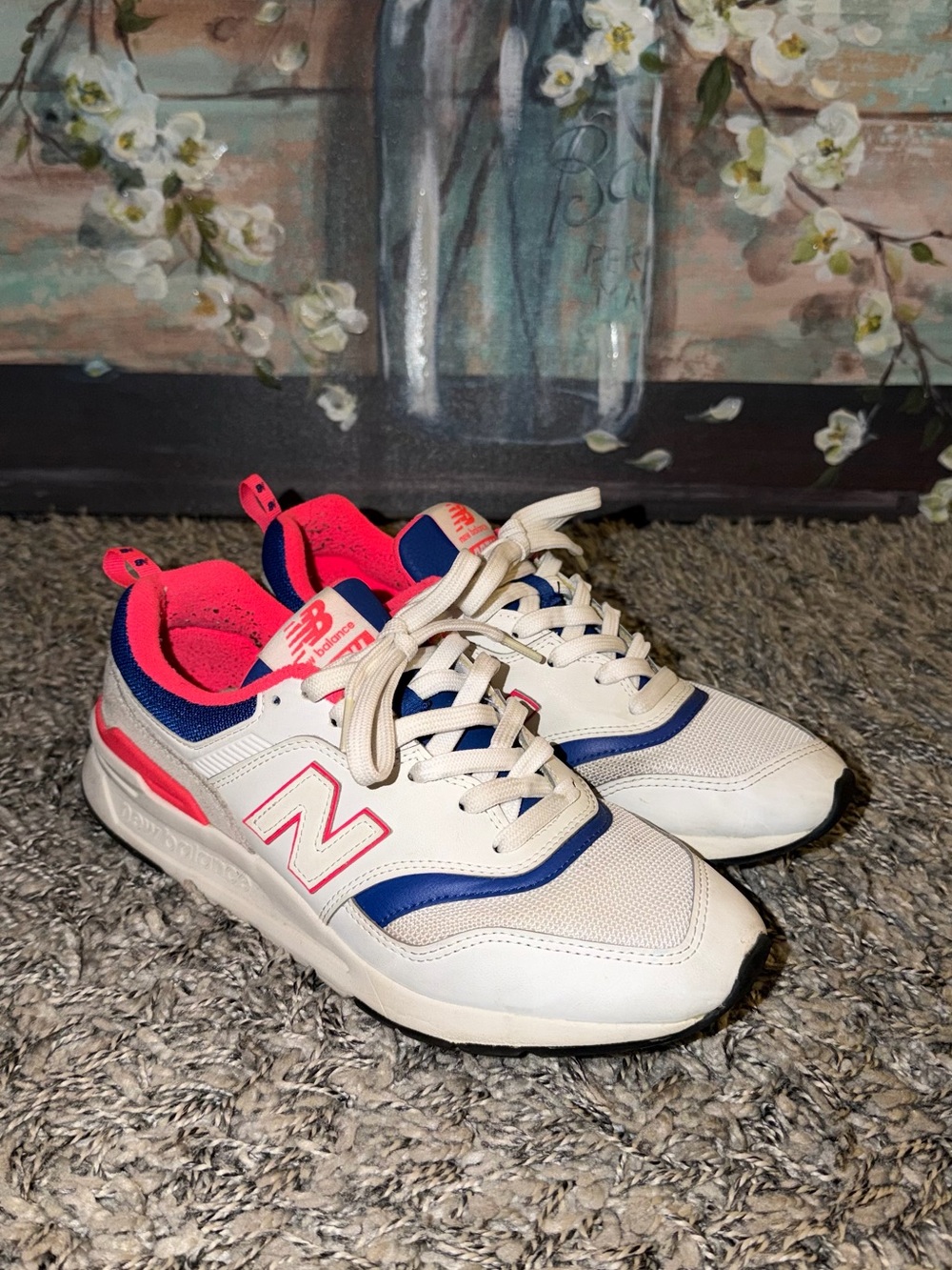 Women’s New Balance White Sneakers with Cobalt Blue and Hot Pink Accents